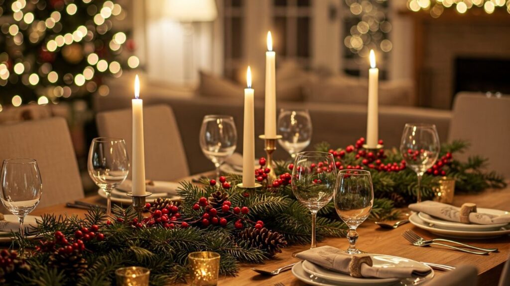 Festive table setting with candles, greenery, and red berries for Christmas lunch in Dublin