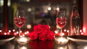 Large bunch of red roses in the centre with 2 wine glasses filled with rose wine. Soft lightening in the background. The perfect setting for Valentines Dinner in Dublin