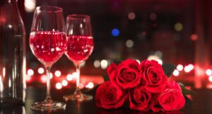 Bunch of Roses & Glasses of red wine in One Ballsbridge Bar & Restaurant - A wonderful valentine's day offer.