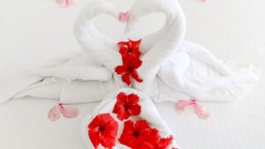 White towels shaped in the form of a heart surrounded by red and pink petals. Sandymount Hotel a wonderful venue for Valentines Dinner in Dublin.