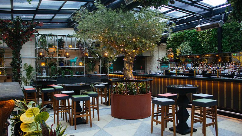 Opium’s outdoor space – summer party venue in Dublin Outdoor area at Opium with a central tree wrapped in decorative lighting and surrounding pod tables with stools