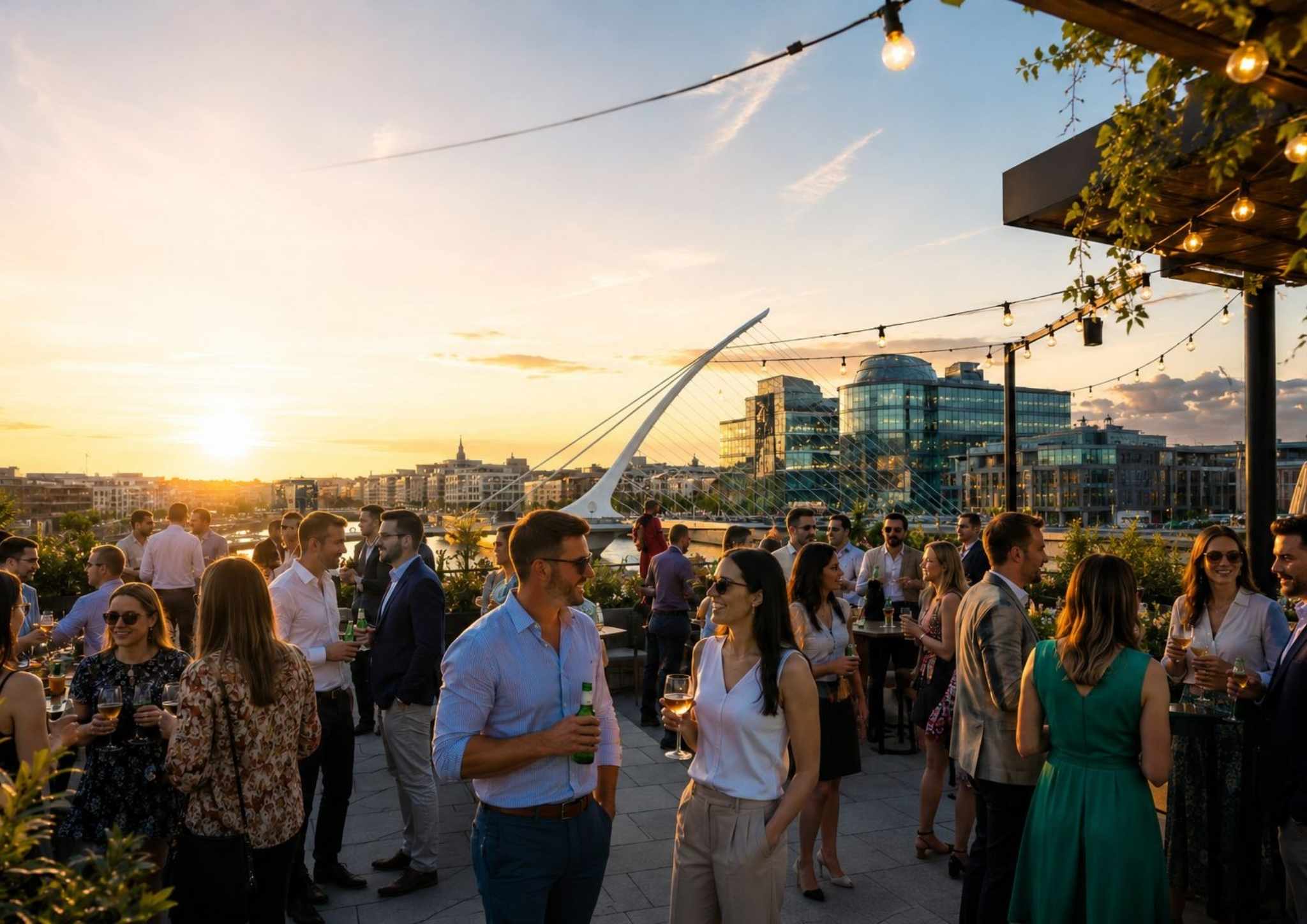 Guests enjoying a rooftop corporate event at one of the leading summer party venues in Dublin overlooking the River Liffey at sunset.