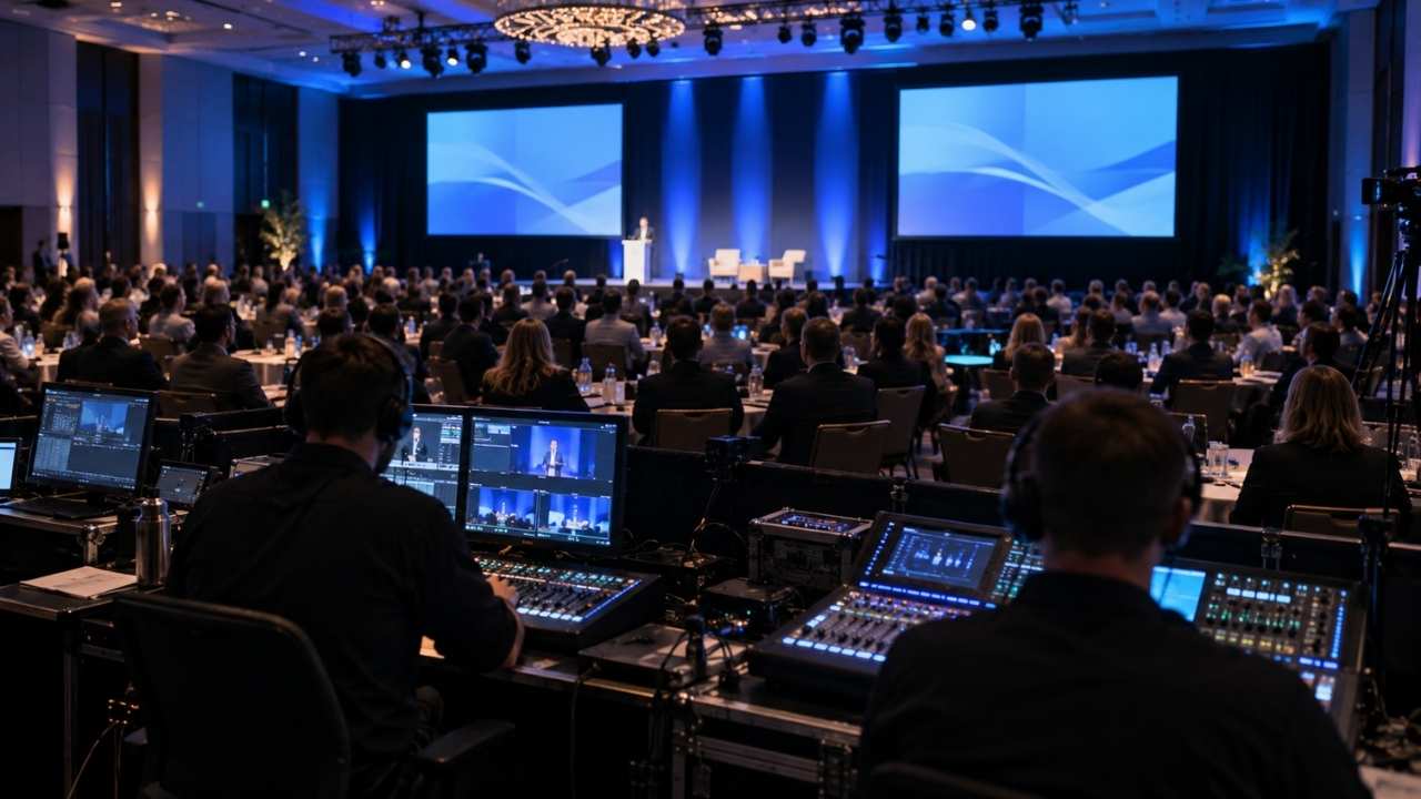 Corporate event venue in Dublin set up for a large conference with professional AV production