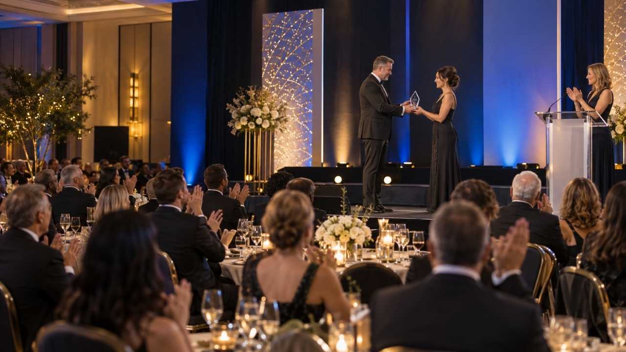 Corporate awards ceremony in Dublin with an award presented on stage during a gala dinner