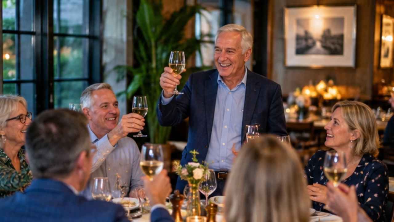 Retirement celebration with friends raising a toast in a private dining venue in Dublin.