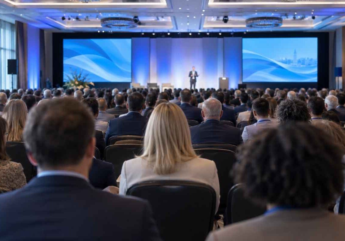 Conference audience in Dublin viewed from behind while watching a keynote speaker on stage
