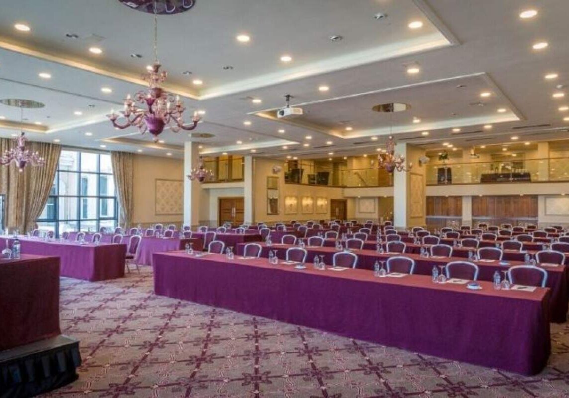 Corporate conference room setup in Dublin with seating and presentation space