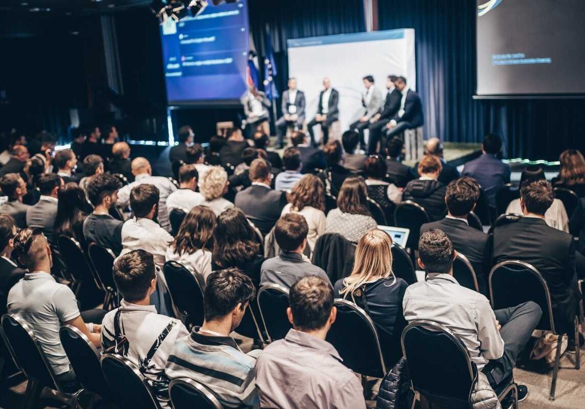 Corporate event production setup in Dublin with lighting and AV equipment