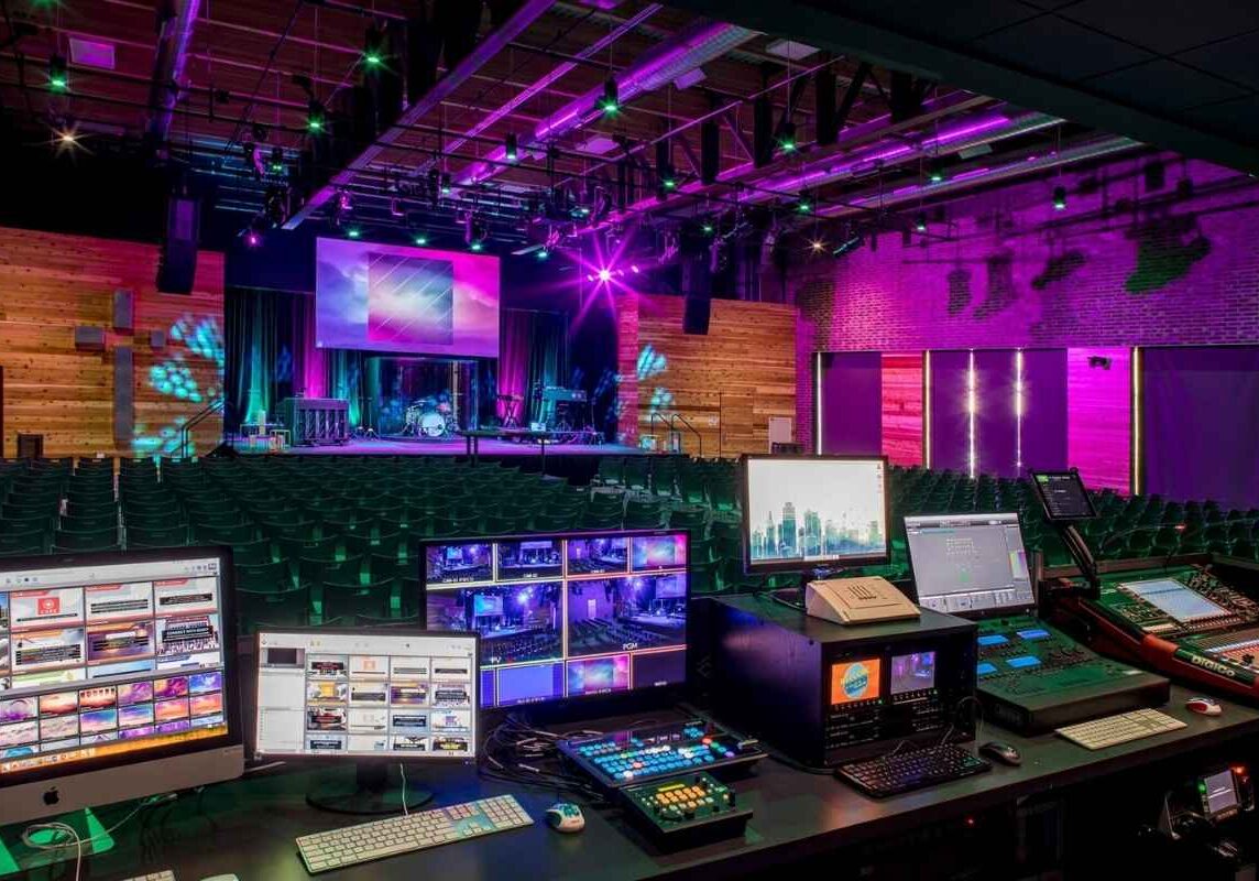 Corporate event production setup in Dublin with lighting and AV equipment