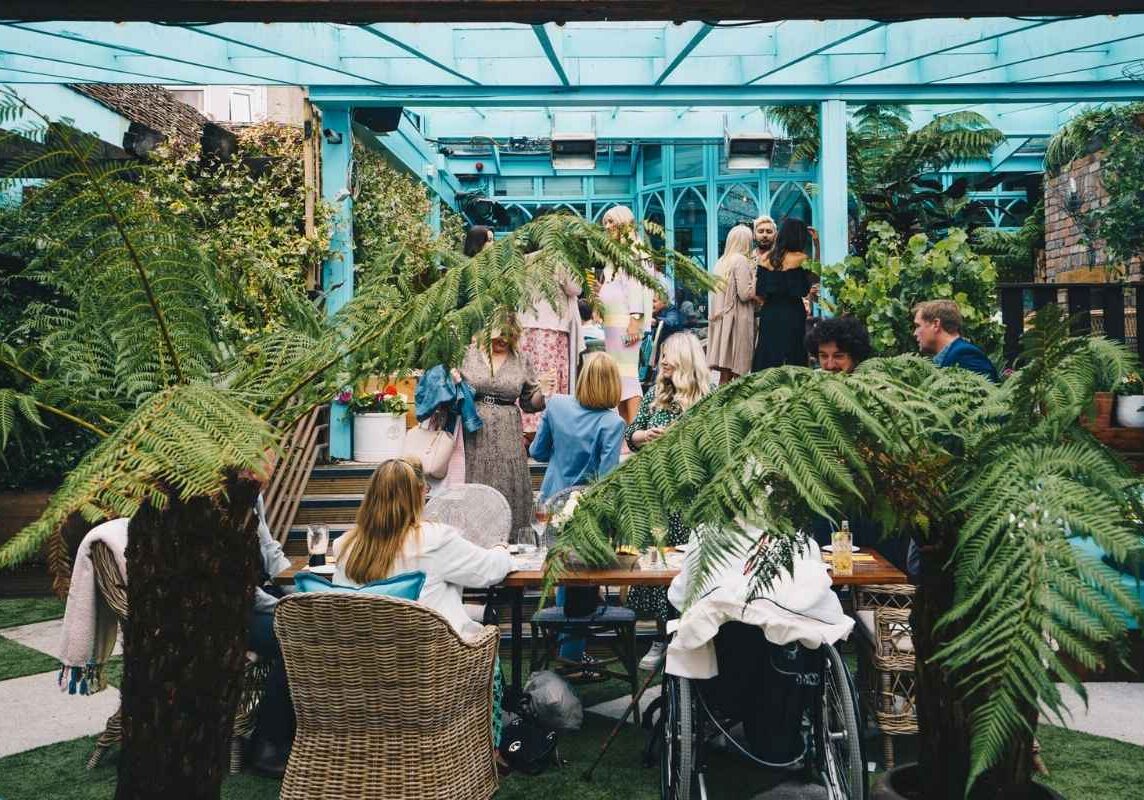 Corporate summer party in Dublin with outdoor dining and networking