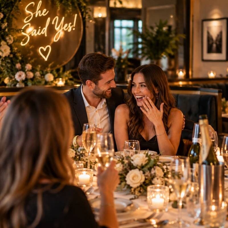 Engagement celebration with friends enjoying a private dining experience in Dublin.